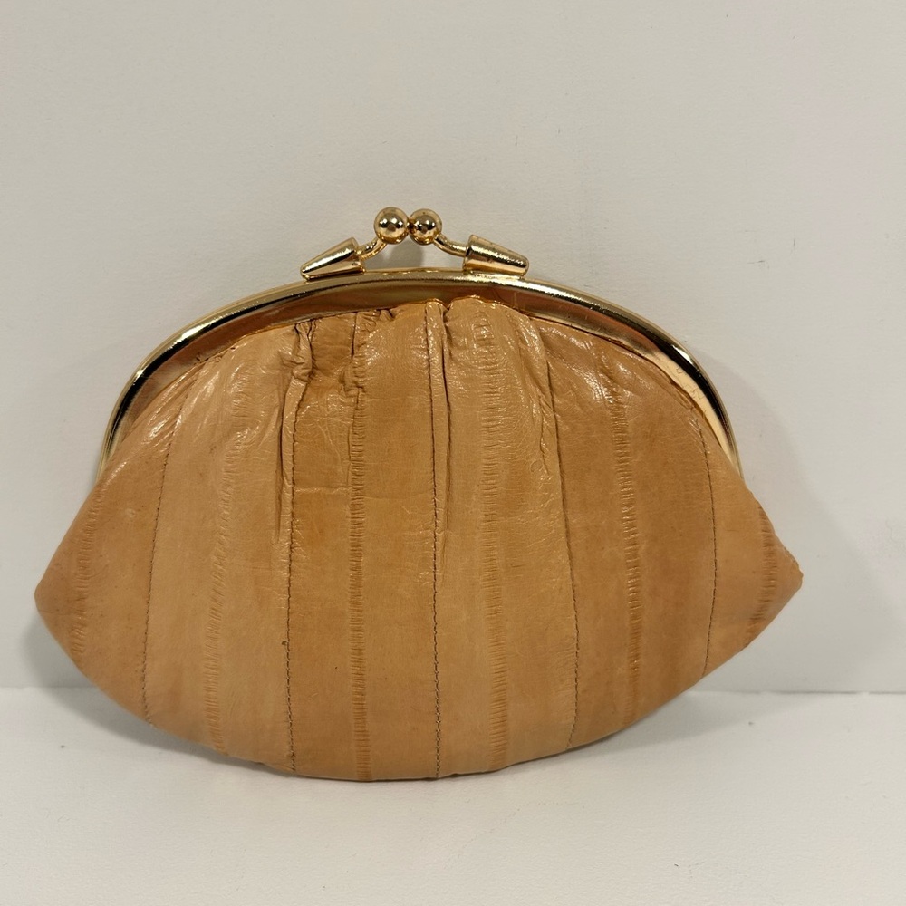 Vintage Genuine Eel Skin Coin Purse Kiss Lock Clutch Tan Eel Leather Made Korea - Picture 4 of 8